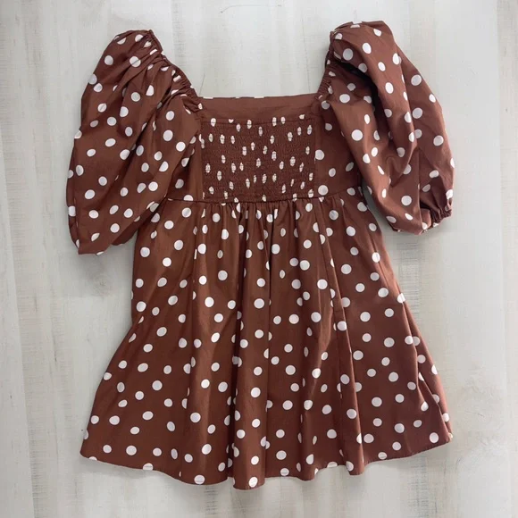 nwt ABERCROMBIE & FITCH Emerson polka dot brown printed puff sleeve mini dress M - Picture 4 of 5